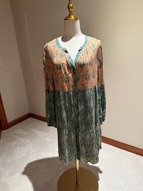 DR2 Paisley Tiered Long-Sleeve Dress - Teal & Peach